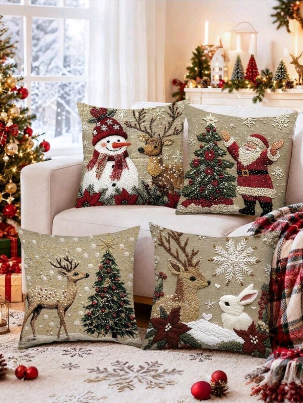 Holiday Christmas Decorative Throw Pillow Covers - Beige Winter Scenes
